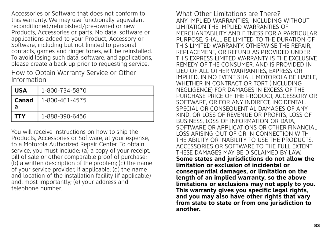 Motorola MB860 manual How to Obtain Warranty Service or Other Information 