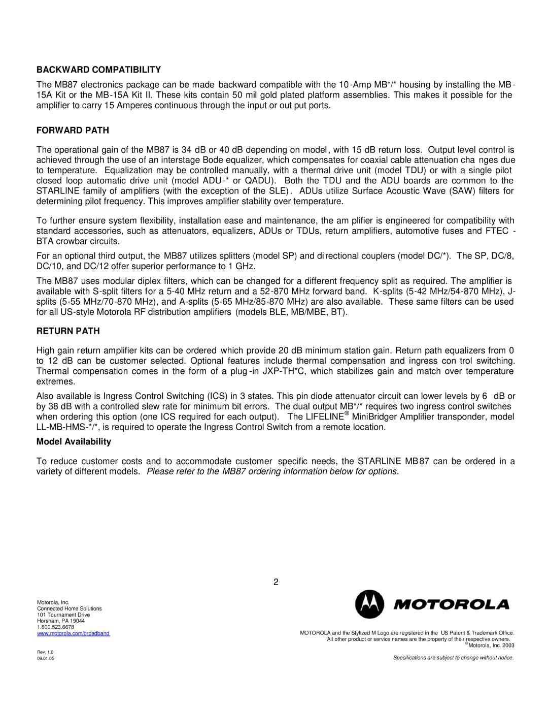 Motorola MB87 specifications Backward Compatibility, Forward Path, Return Path 