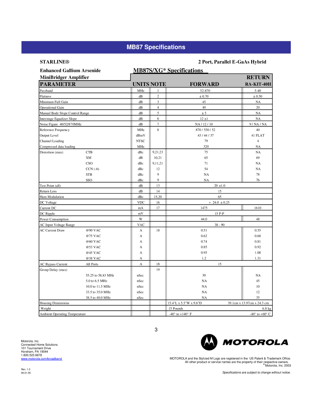 Motorola specifications MB87 Specifications, MB87S/XG* Specifications 