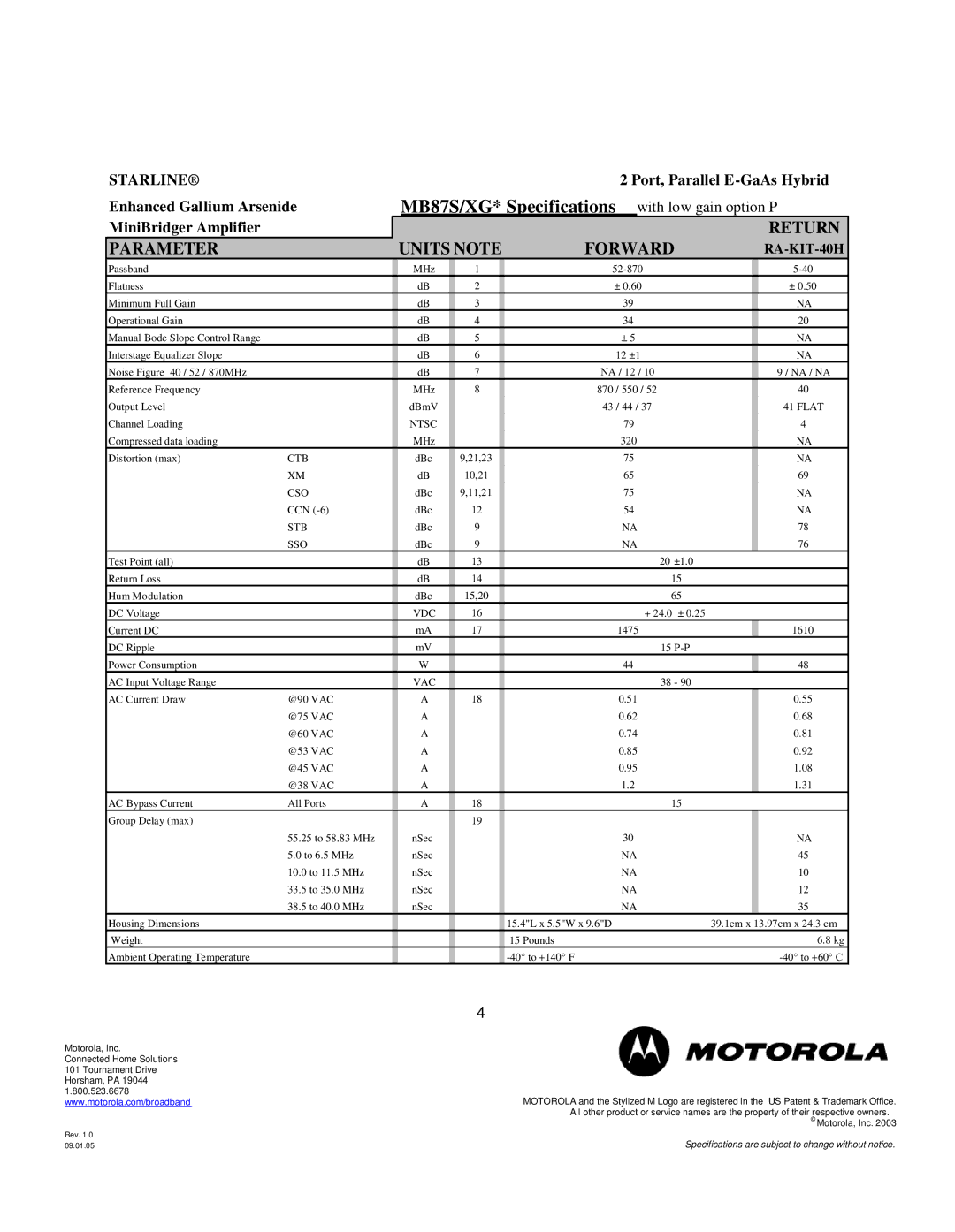 Motorola specifications MB87S/XG* Specifications with low gain option P 