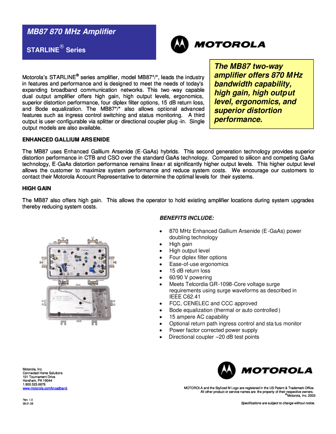 Motorola specifications STARLINE Series, Enhanced Gallium Arsenide, High Gain, MB87 870 MHz Amplifier, Benefits Include 