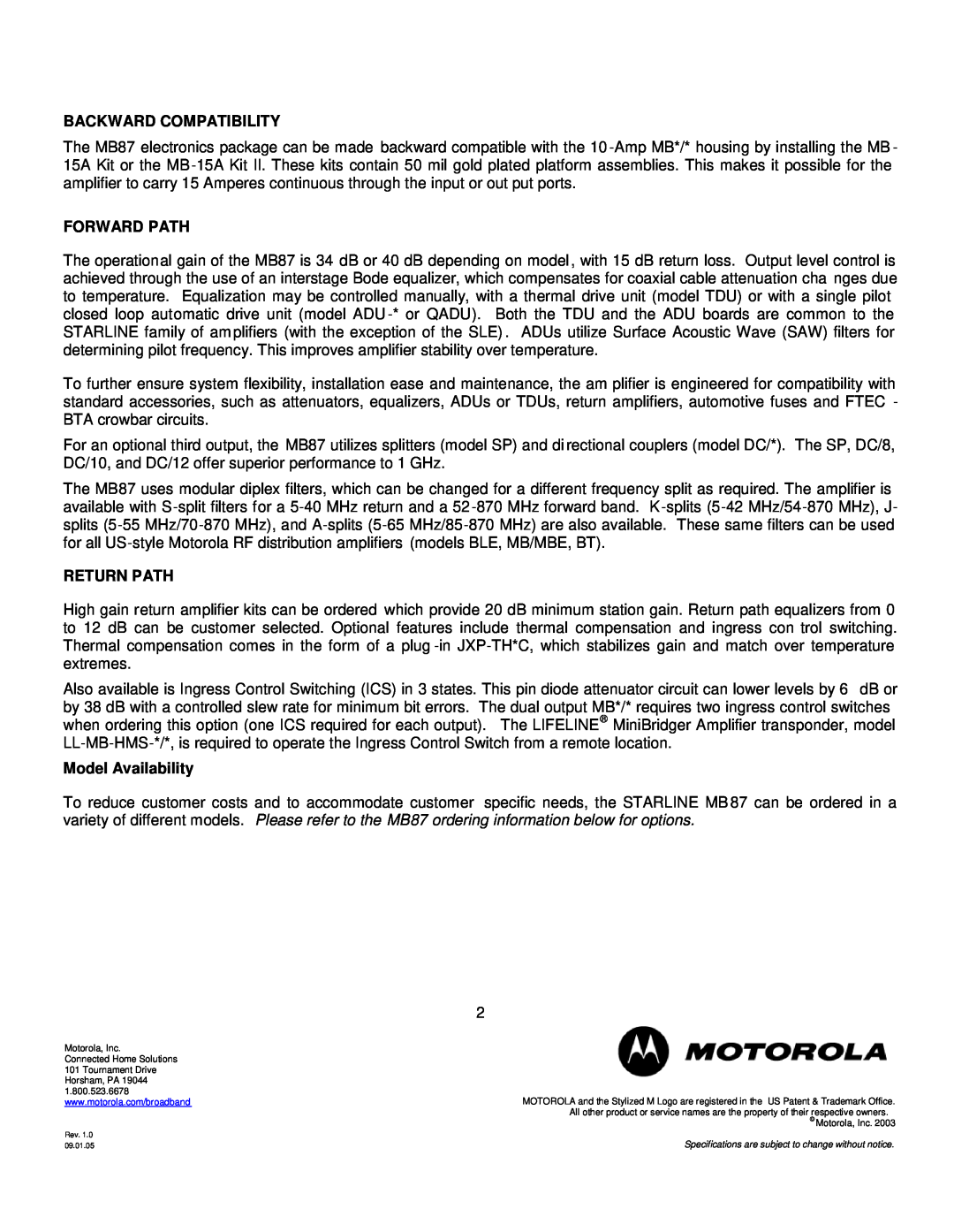Motorola MB87 specifications Backward Compatibility, Forward Path, Return Path, Model Availability 