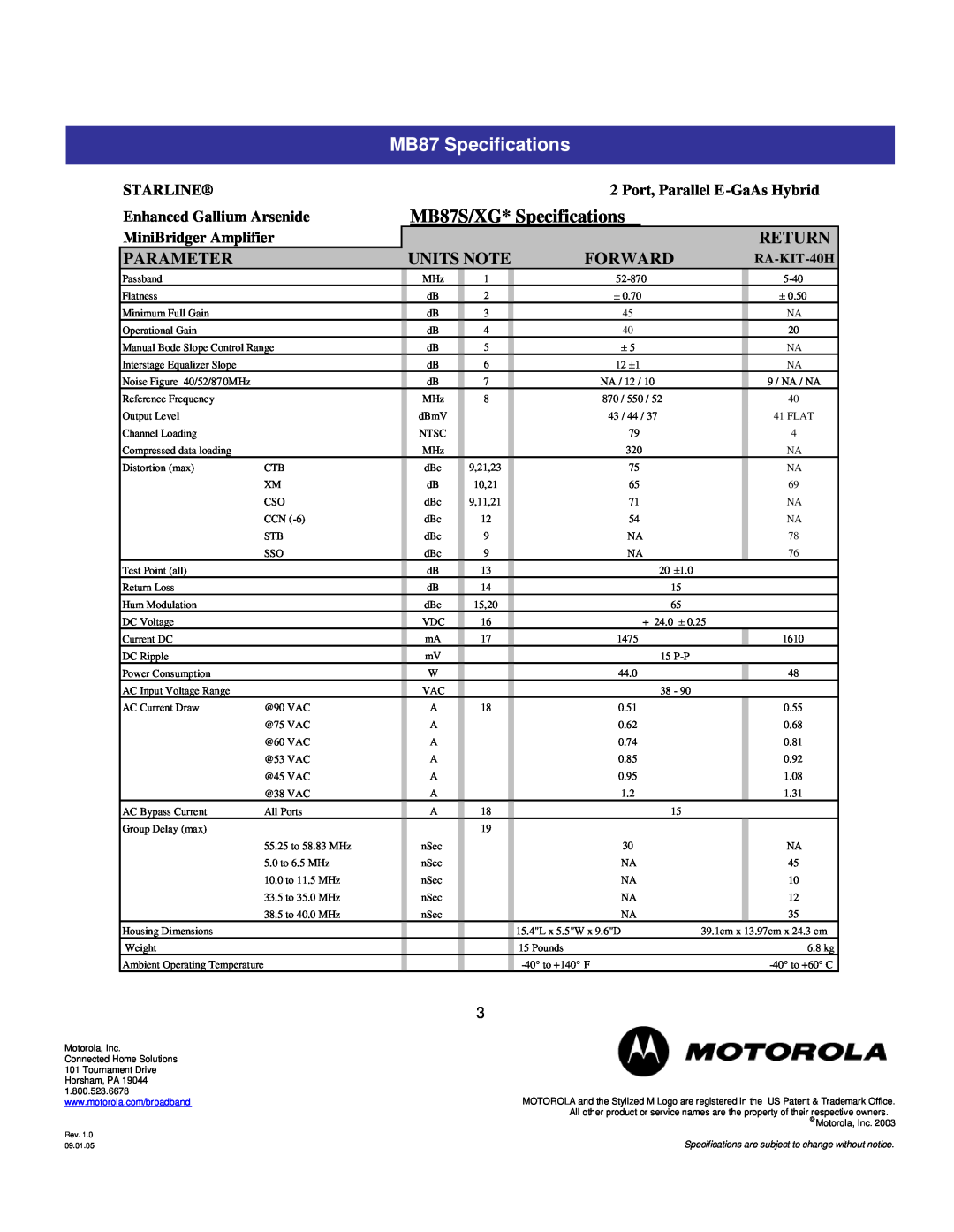 Motorola MB87 Specifications, MB87S/XG* Specifications, Parameter, Units Note, Forward, Return, Starline, RA-KIT-40H 