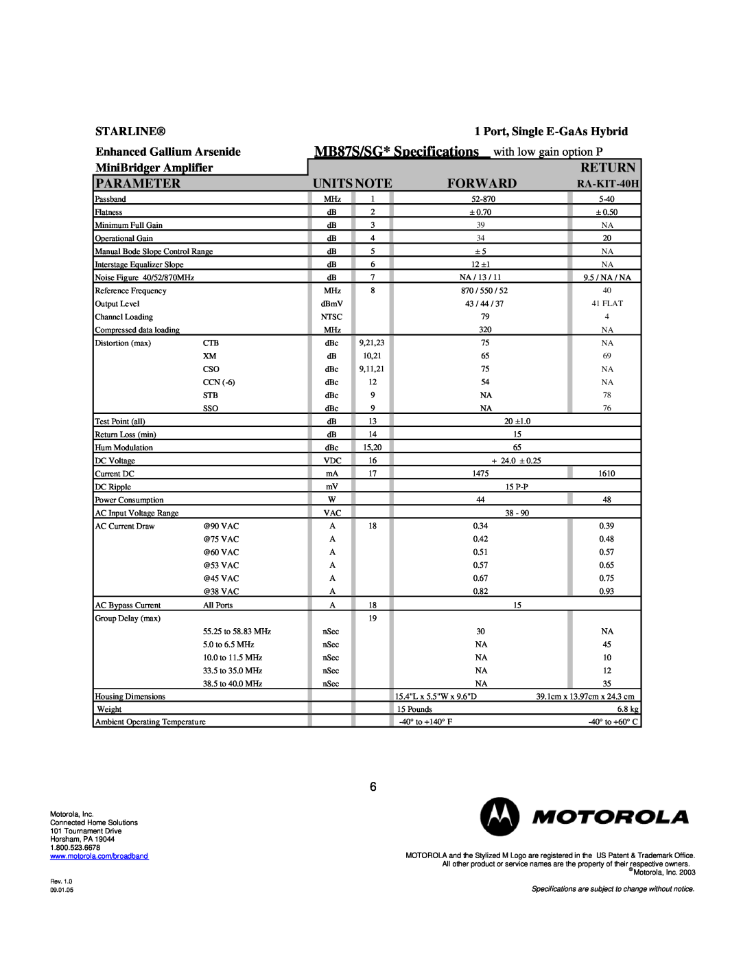 Motorola MB87S/SG* Specifications with low gain option P, Units Note, Parameter, Forward, Return, Starline, RA-KIT-40H 