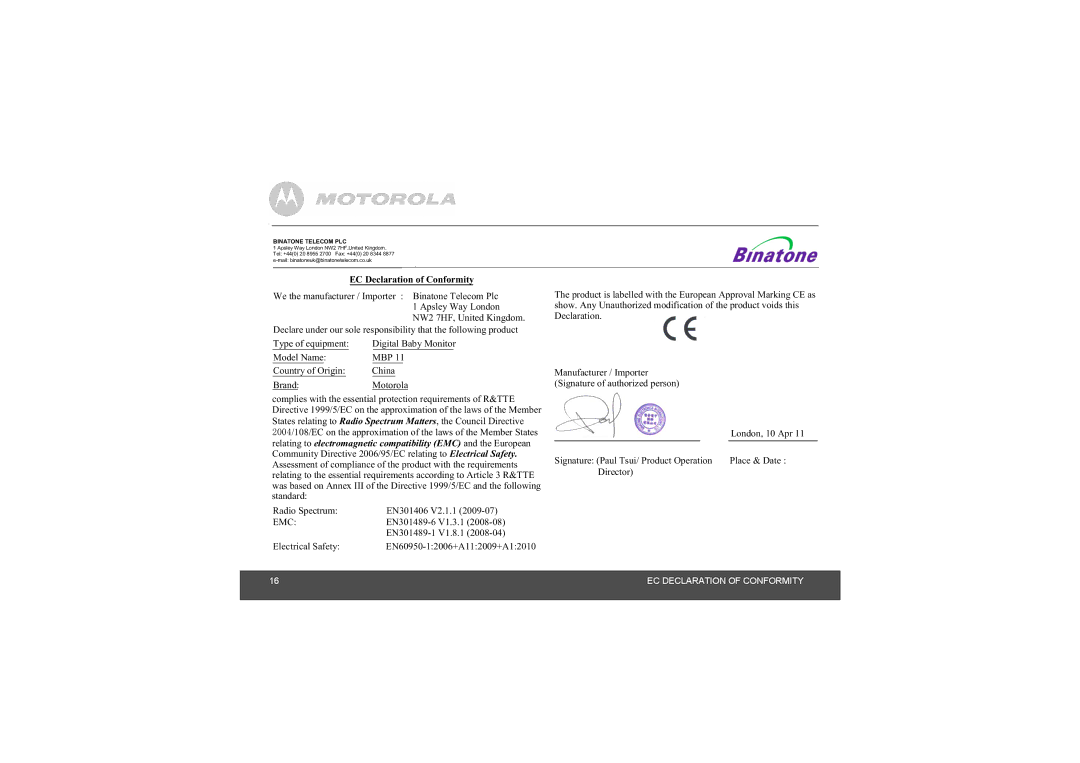 Motorola MBP11 manual EC Declaration of Conformity 