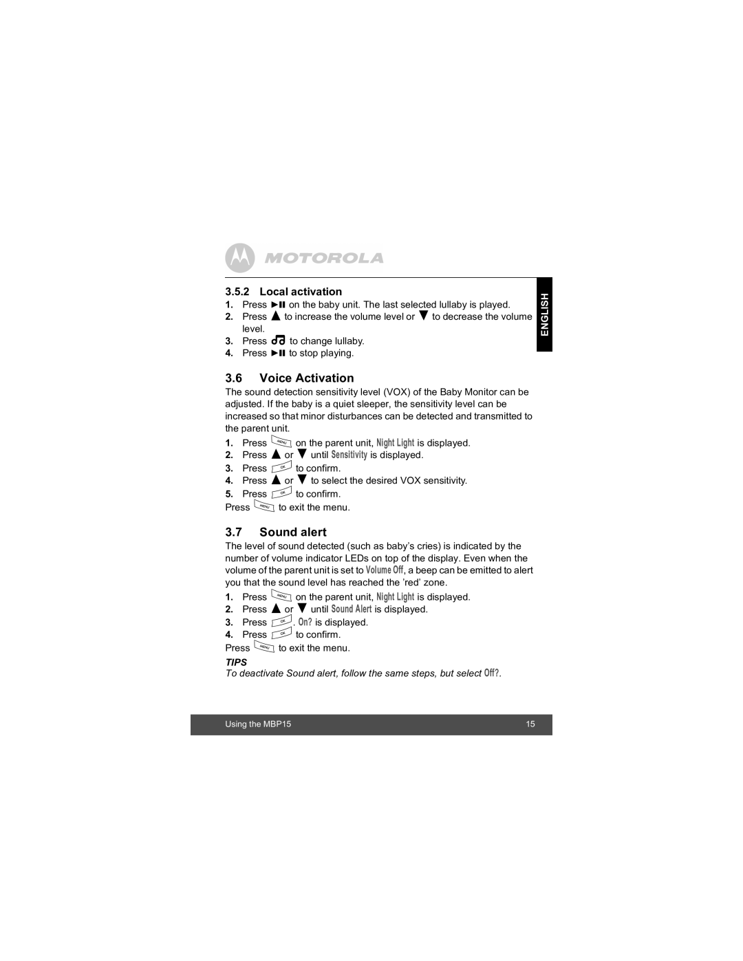 Motorola MBP15 manual Voice Activation, Sound alert 