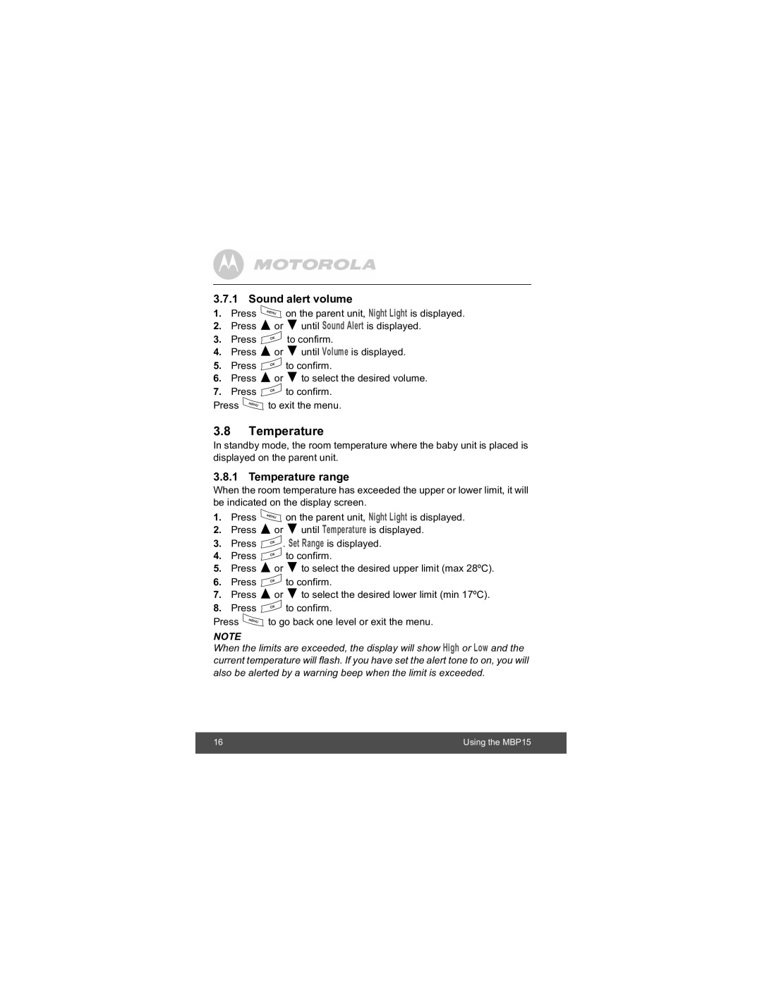 Motorola MBP15 manual Sound alert volume, Temperature range 