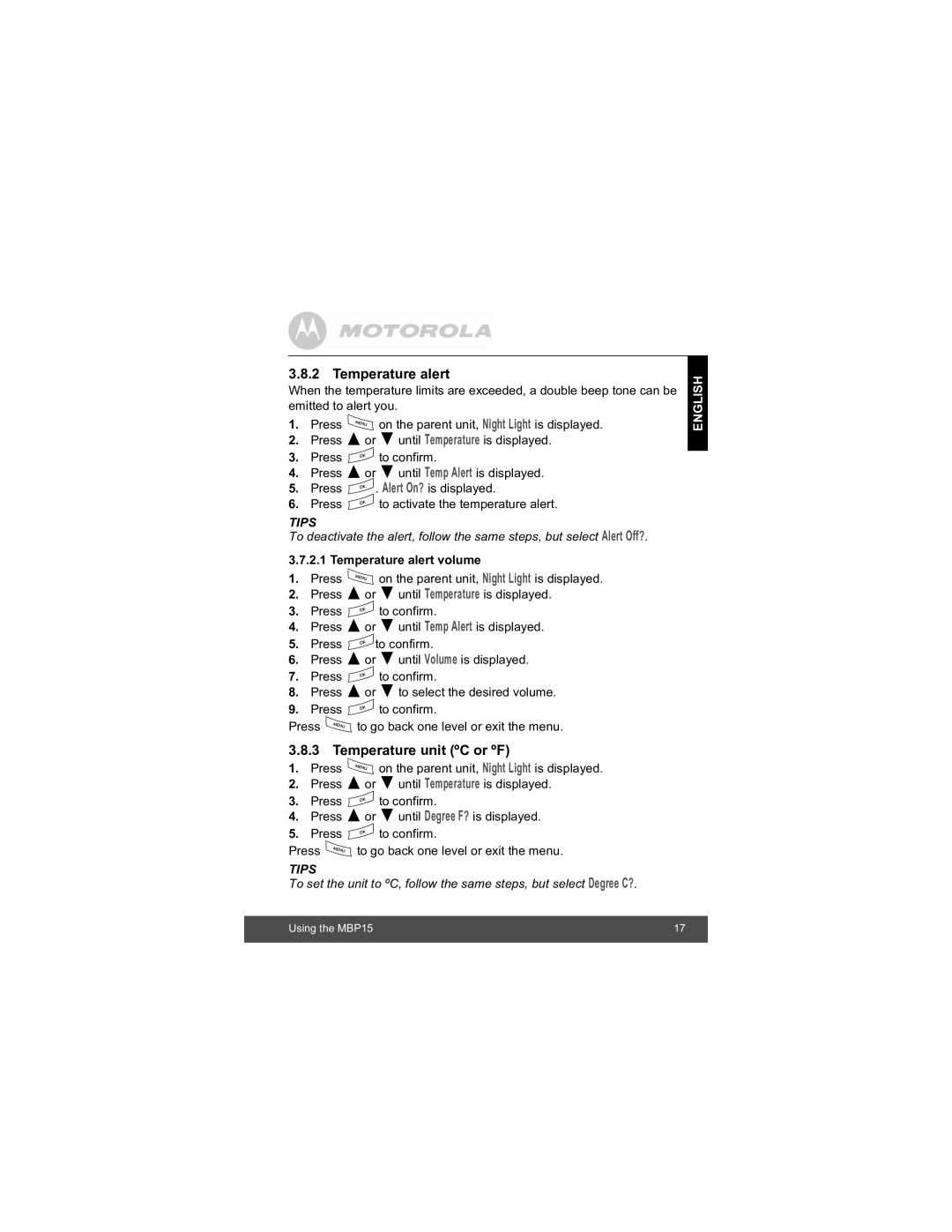 Motorola MBP15 manual Temperature alert, Temperature unit ºC or ºF 