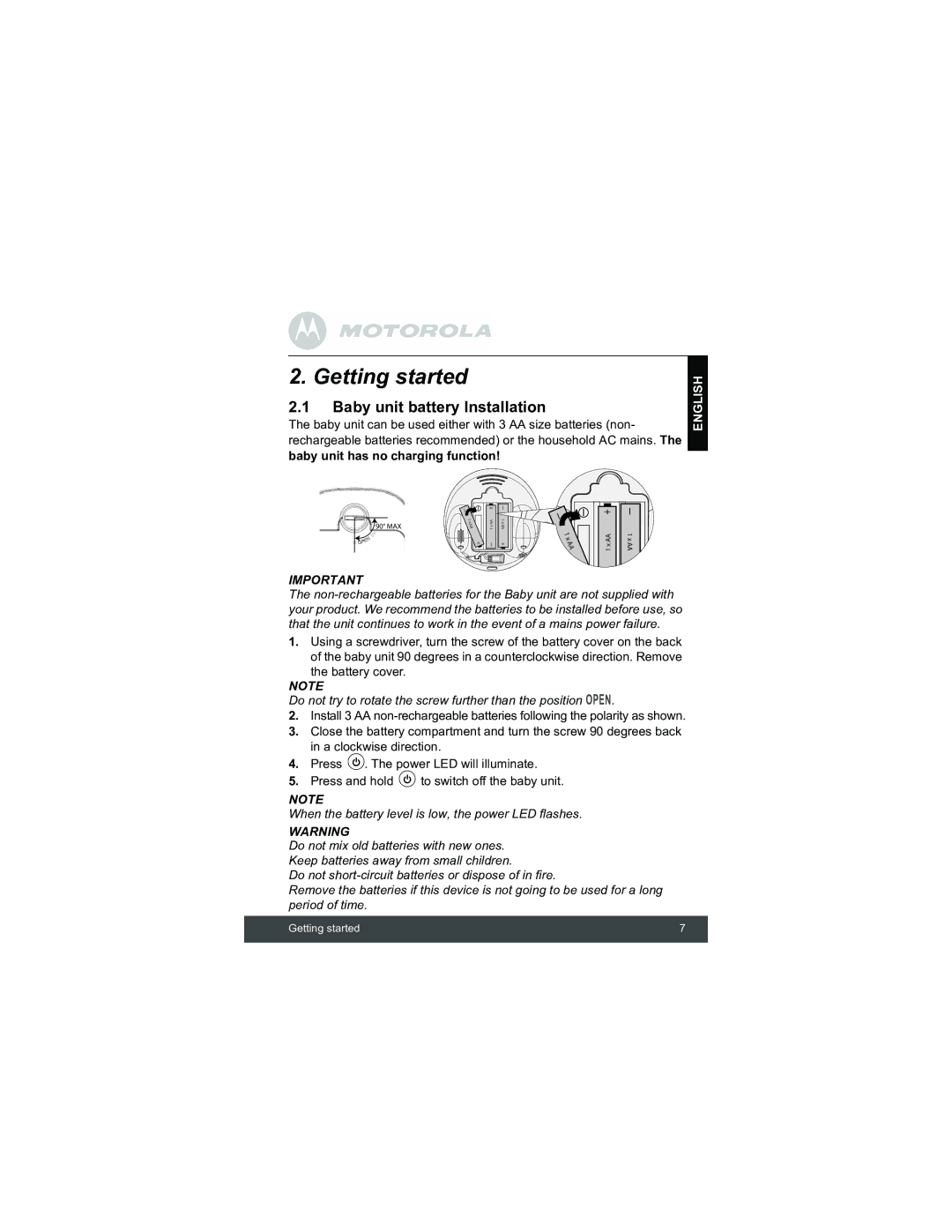 Motorola MBP15 manual Getting started, Baby unit battery Installation 