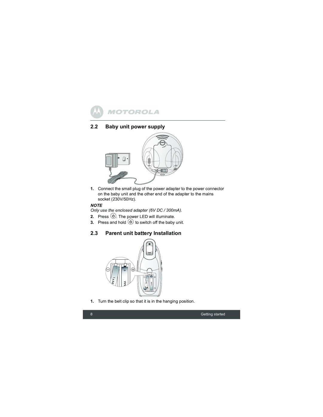 Motorola MBP15 manual Baby unit power supply, Parent unit battery Installation 