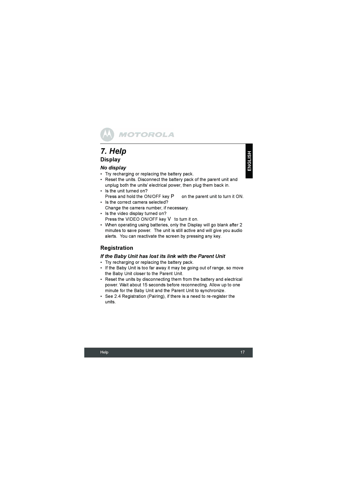 Motorola MBP33 manual Help, Display, Registration, No display, If the Baby Unit has lost its link with the Parent Unit 
