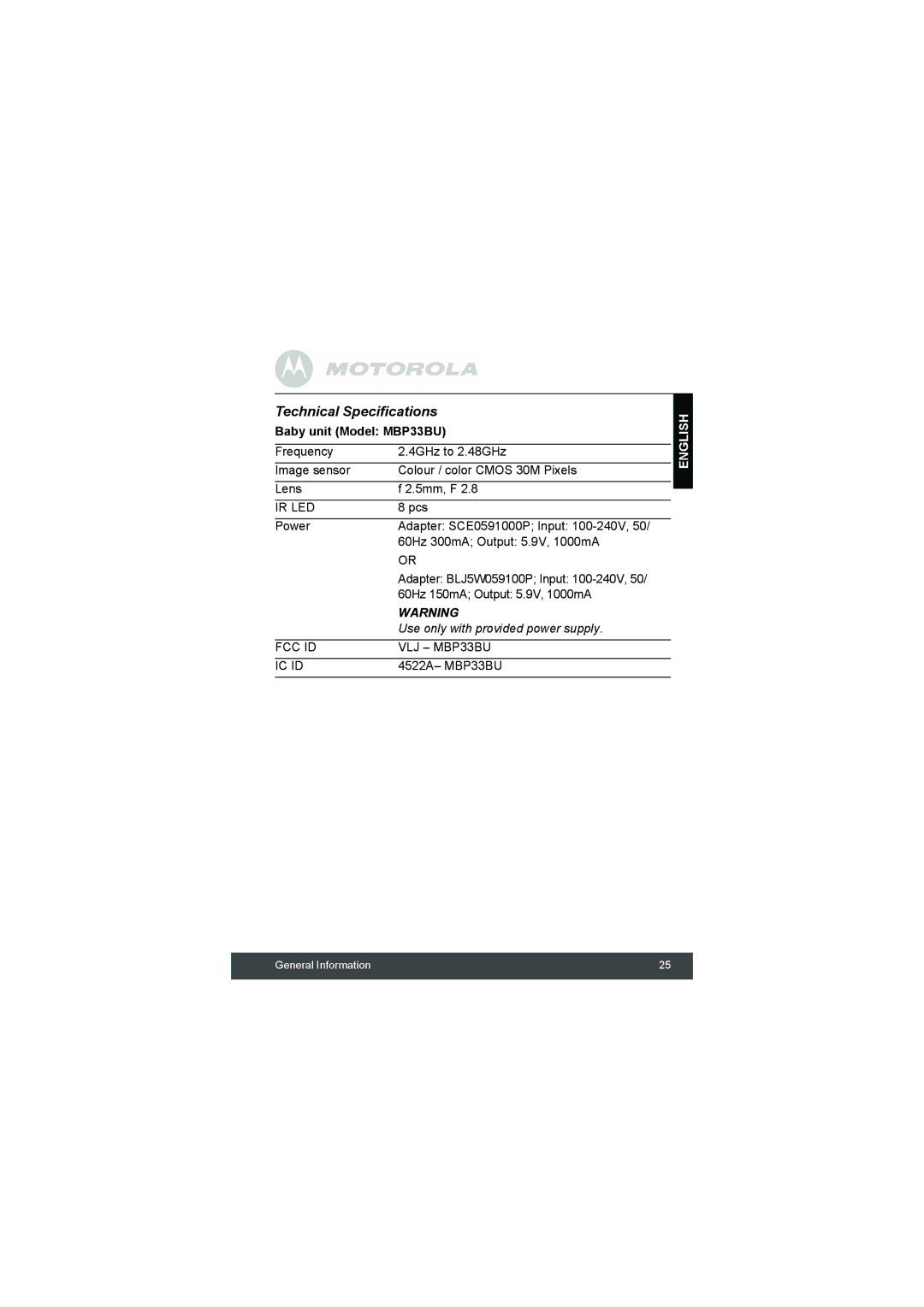 Motorola manual Technical Specifications, Baby unit Model MBP33BU 