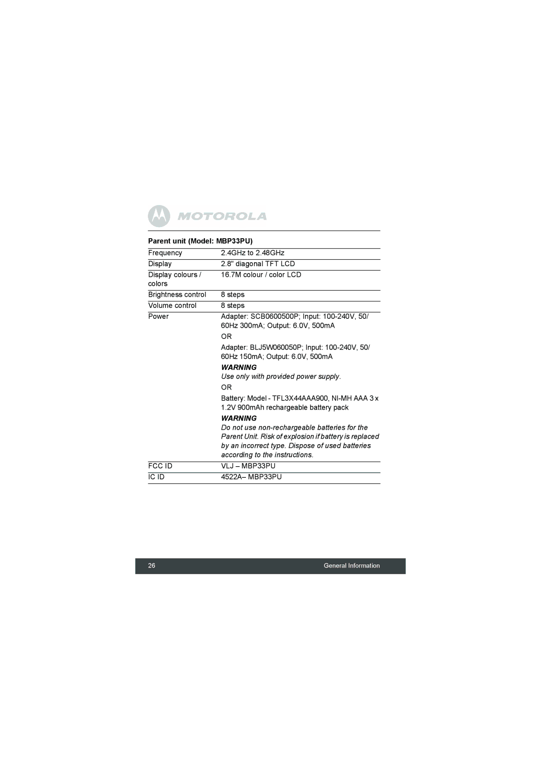 Motorola manual Parent unit Model MBP33PU, According to the instructions 