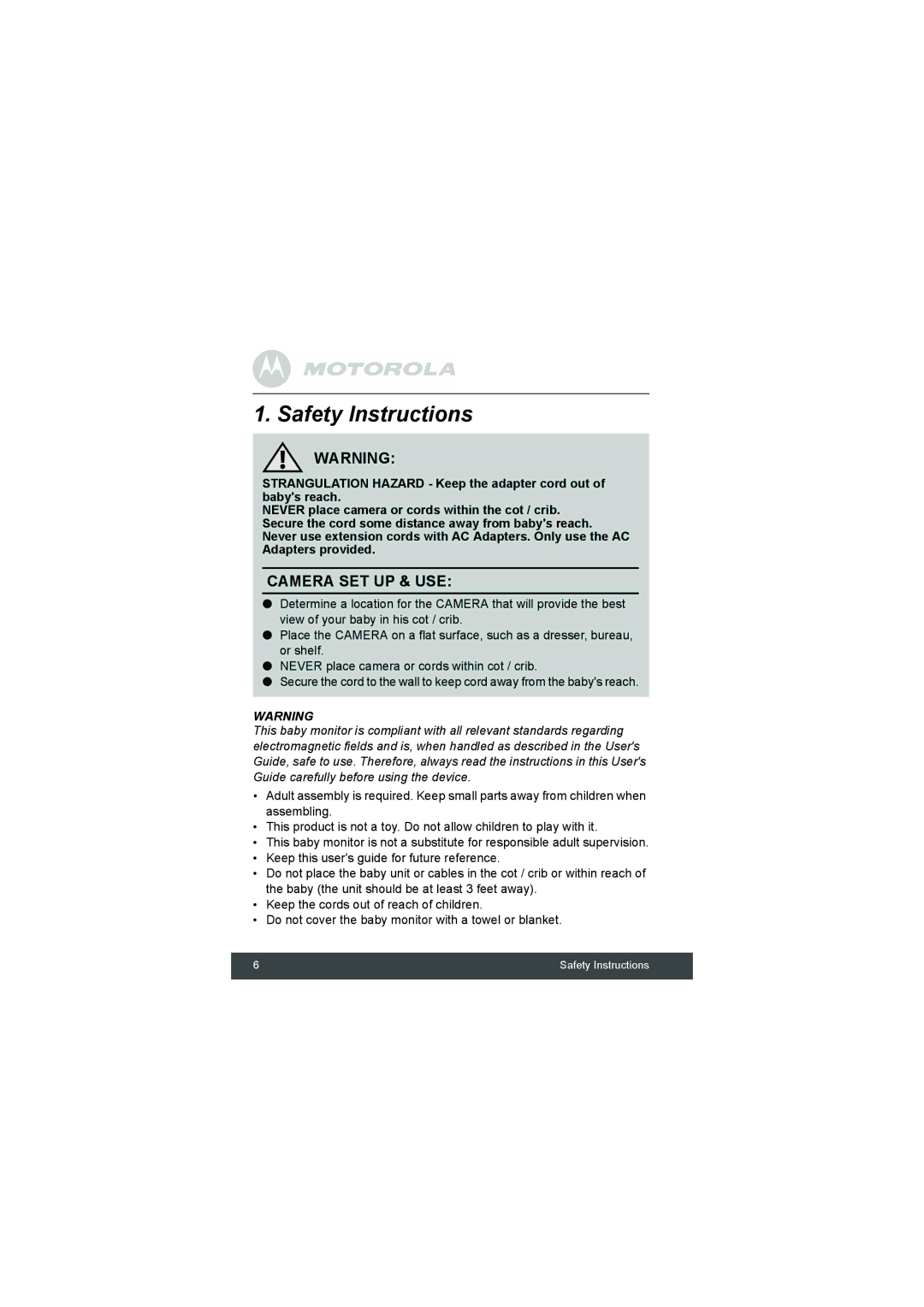 Motorola MBP33 manual Safety Instructions, Camera SET UP & USE 