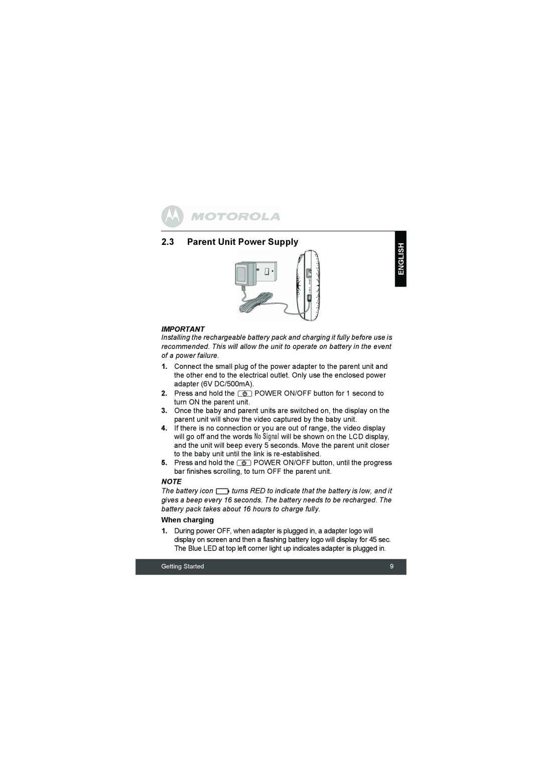 Motorola MBP33 manual Parent Unit Power Supply, When charging 