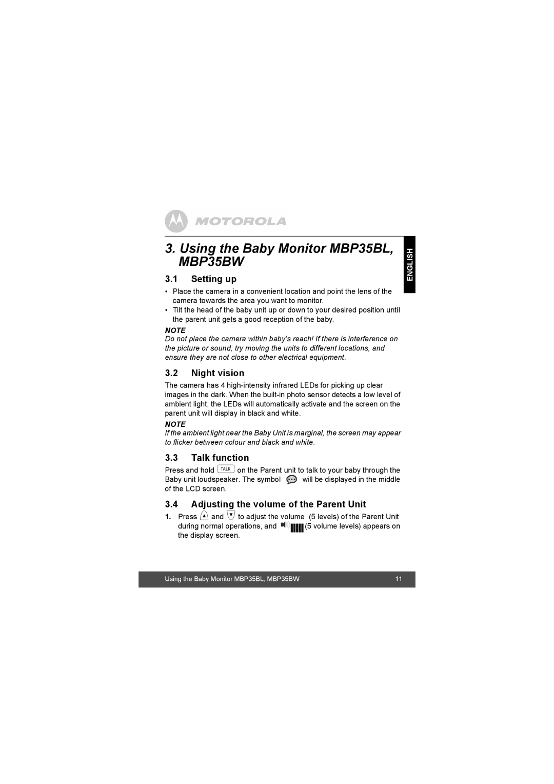 Motorola manual Using the Baby Monitor MBP35BL, MBP35BW, Setting up, Night vision, Talk function 