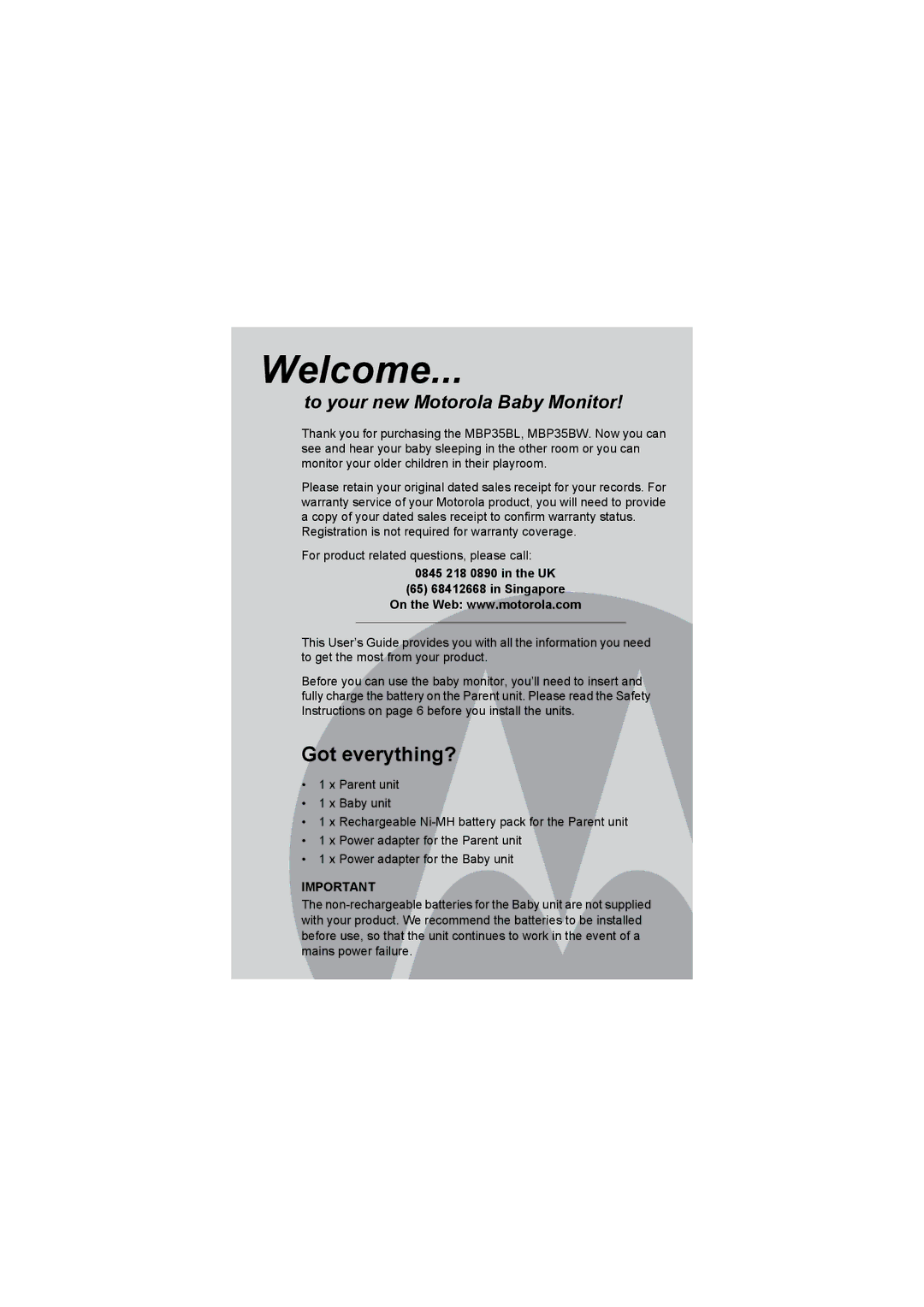 Motorola MBP35BL manual Welcome 