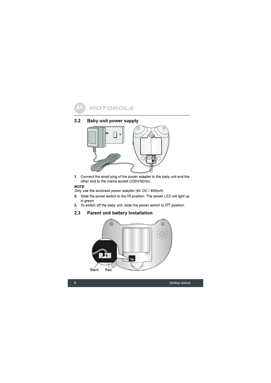 Motorola MBP35BL manual Baby unit power supply, Parent unit battery Installation 