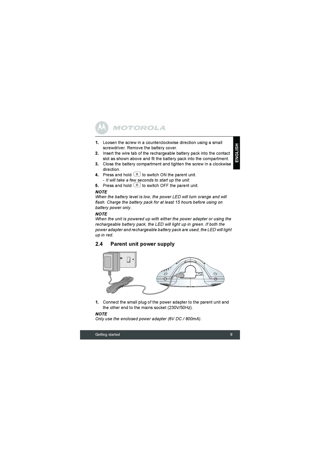 Motorola MBP35BL manual Parent unit power supply 