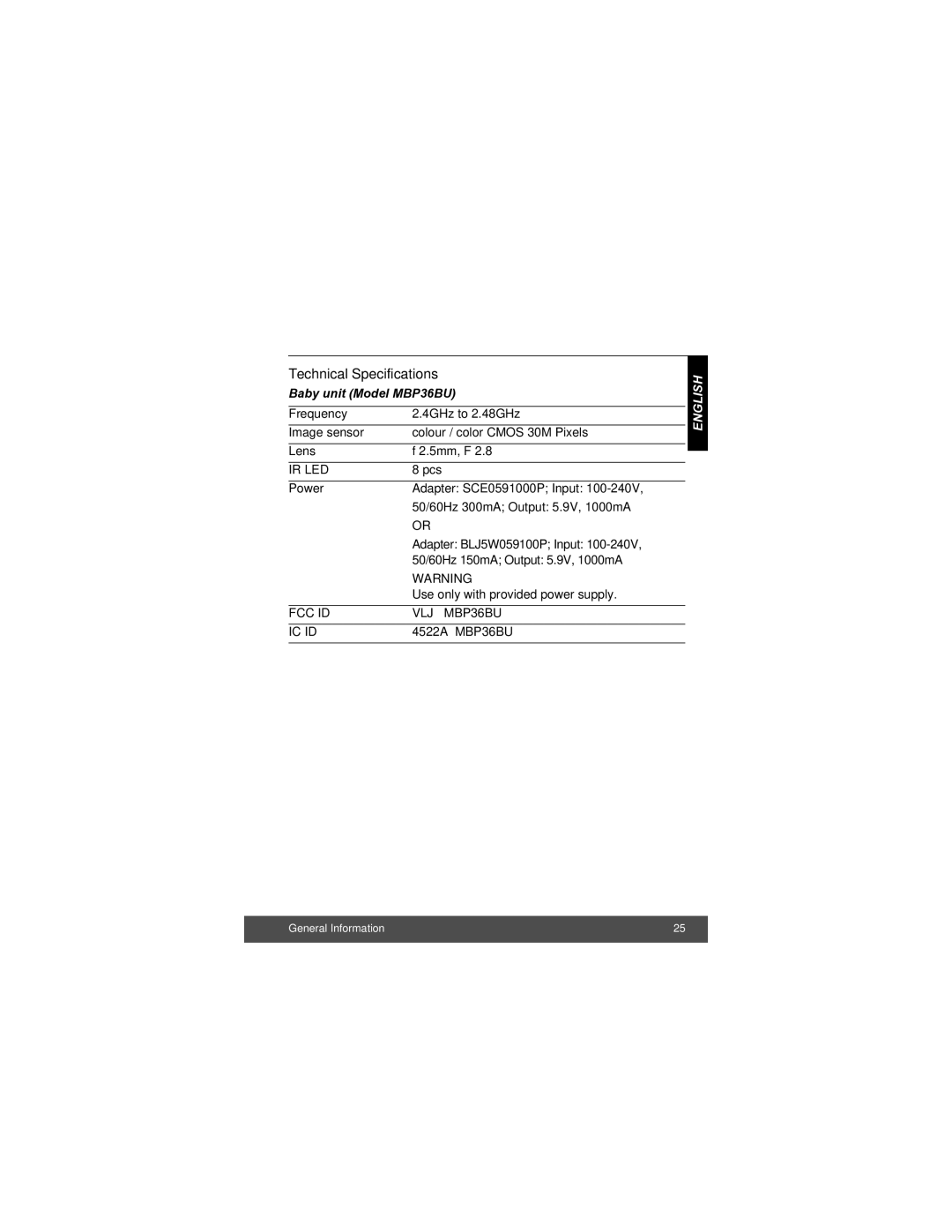 Motorola manual Technical Specifications, Baby unit Model MBP36BU 