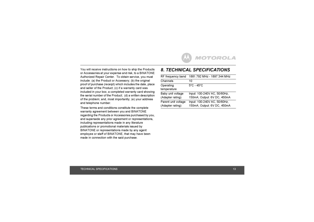 Motorola MBP8 manual Technical Specifications 