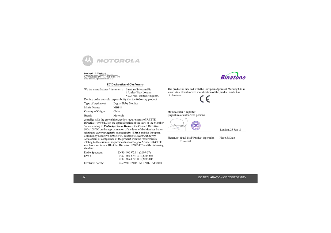 Motorola MBP8 manual EC Declaration of Conformity 