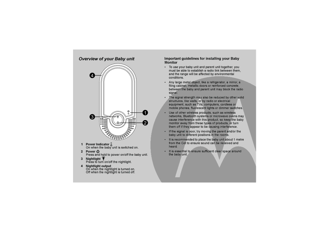 Motorola MBP8 manual Power Indicator, Nightlight output 