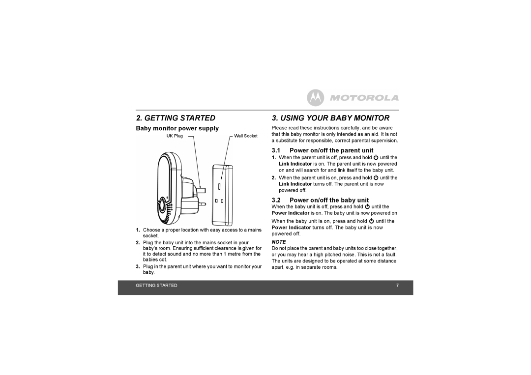 Motorola MBP8 manual Getting Started, Using Your Baby Monitor, Baby monitor power supply, Power on/off the parent unit 