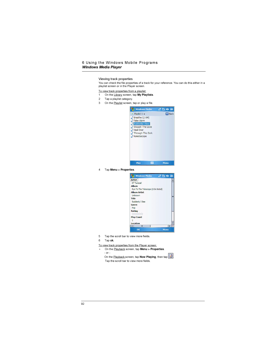 Motorola MC35 manual Viewing track properties, Tap Menu Properties 