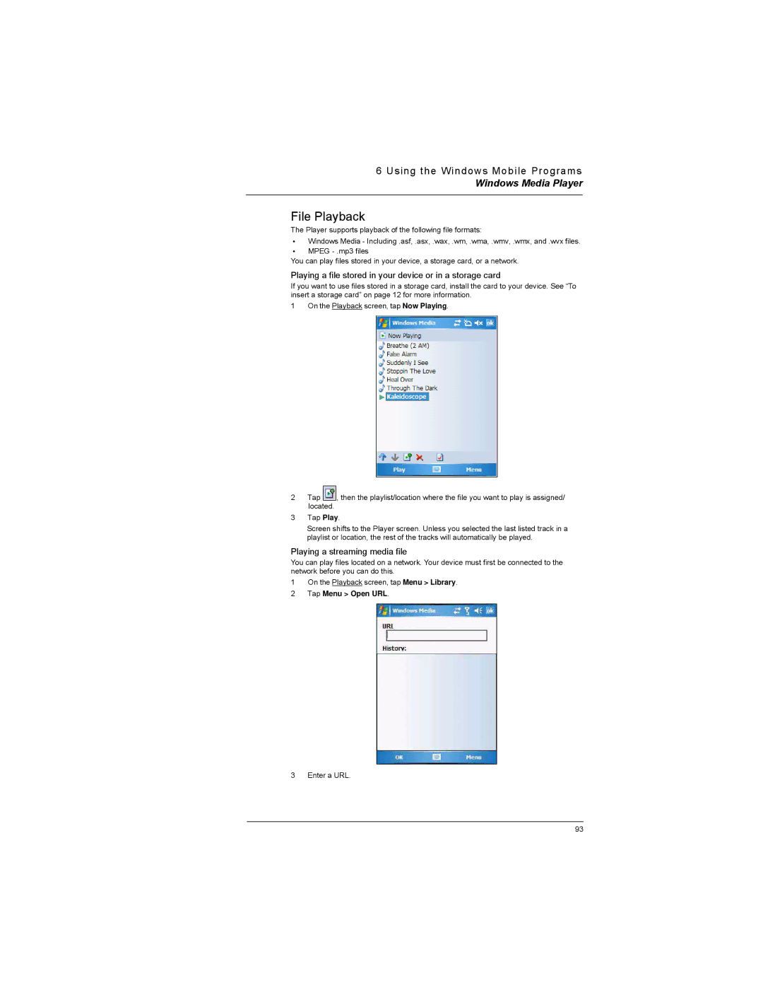 Motorola MC35 File Playback, Playing a file stored in your device or in a storage card, Playing a streaming media file 