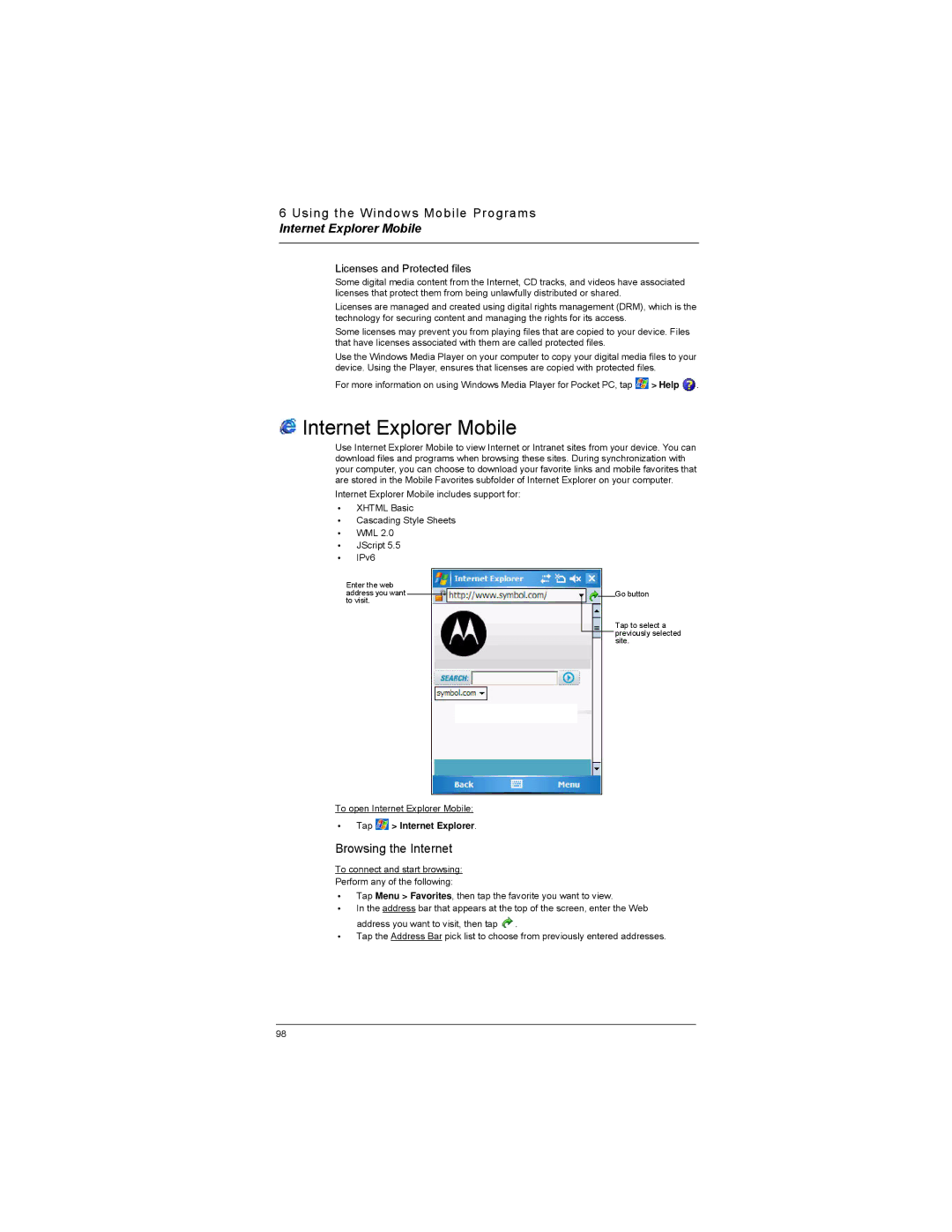 Motorola MC35 manual Internet Explorer Mobile, Browsing the Internet, Licenses and Protected files, Tap Internet Explorer 