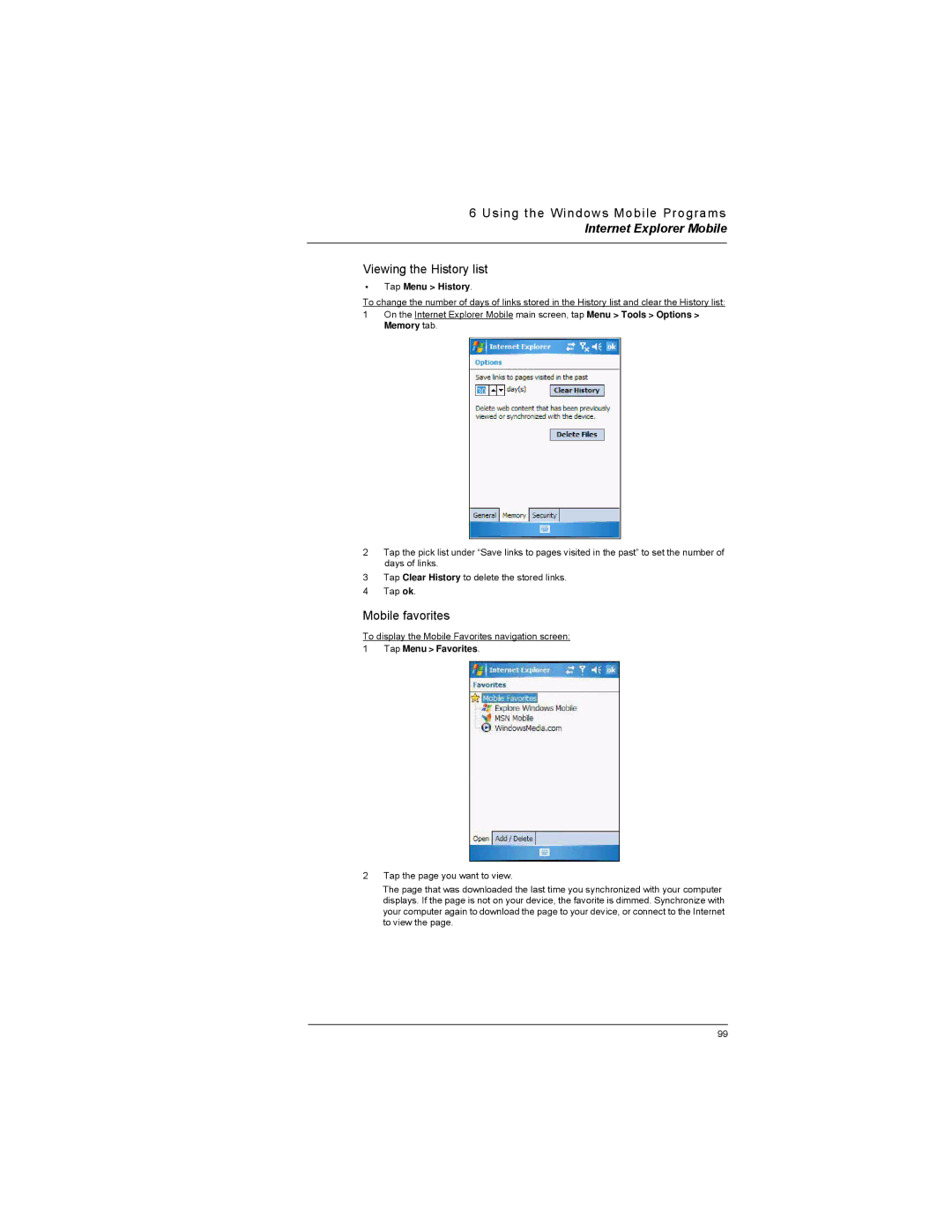 Motorola MC35 manual Viewing the History list, Mobile favorites, Tap Menu History, Tap Menu Favorites 