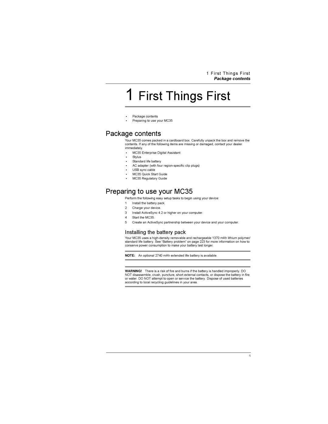 Motorola manual Package contents, Preparing to use your MC35 