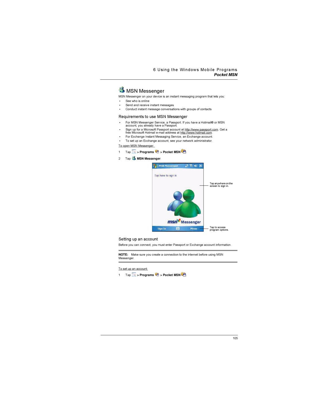 Motorola MC35 Requirements to use MSN Messenger, Setting up an account, Tap Programs Pocket MSN Tap MSN Messenger 