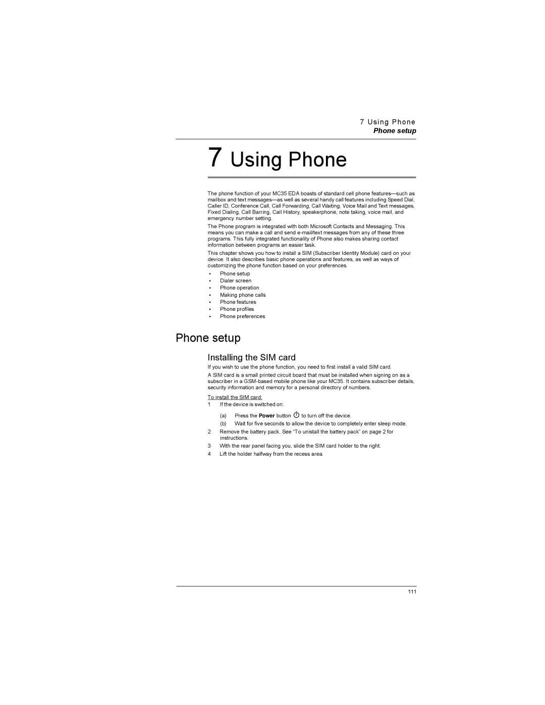 Motorola MC35 manual Phone setup, Installing the SIM card, Using Phone 