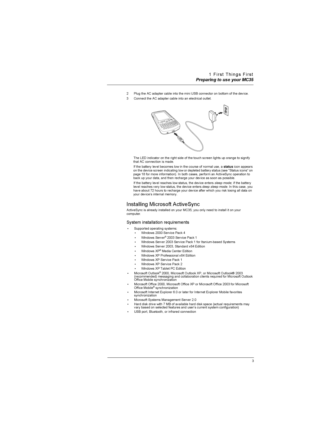 Motorola MC35 manual Installing Microsoft ActiveSync, System installation requirements 