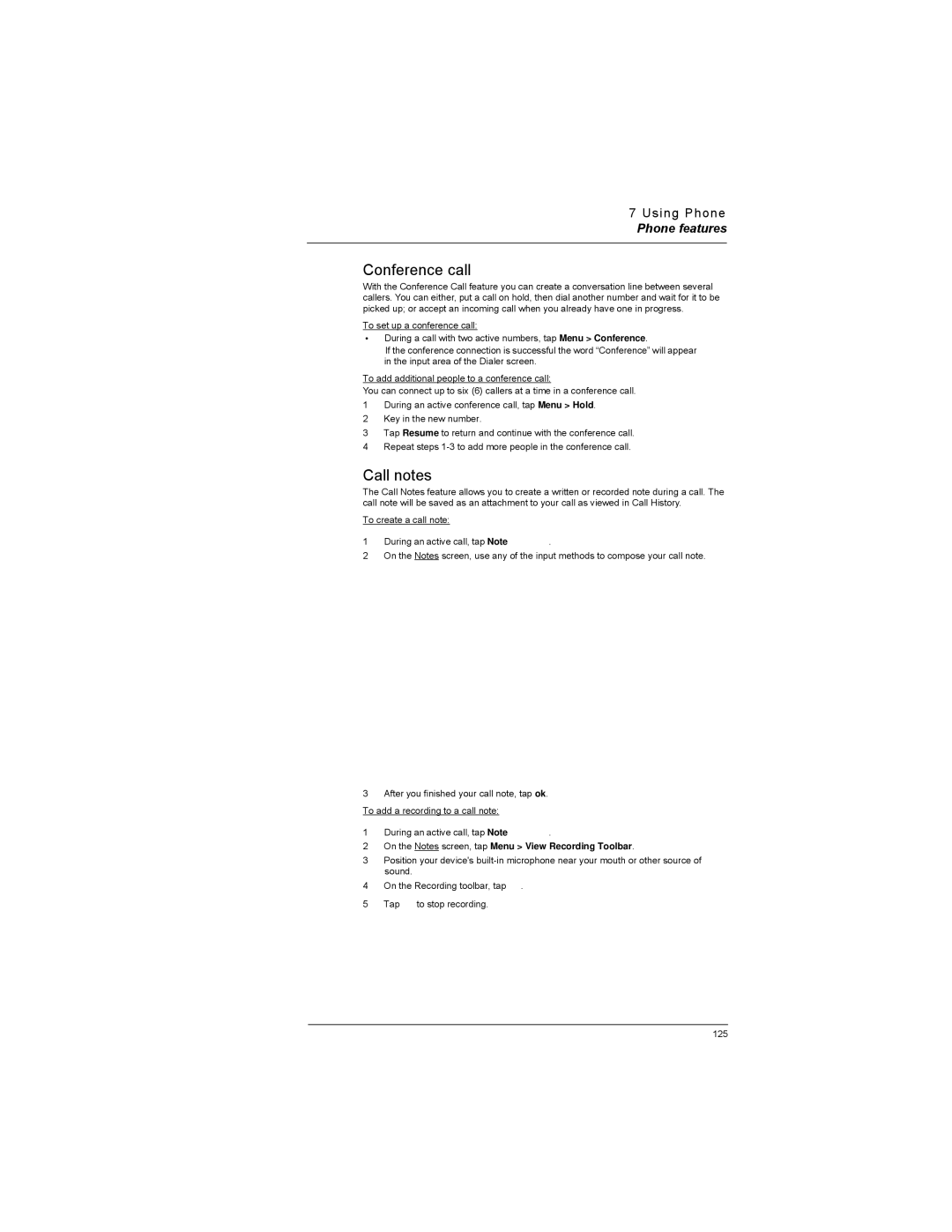 Motorola MC35 manual Conference call, Call notes, On the Notes screen, tap Menu View Recording Toolbar 