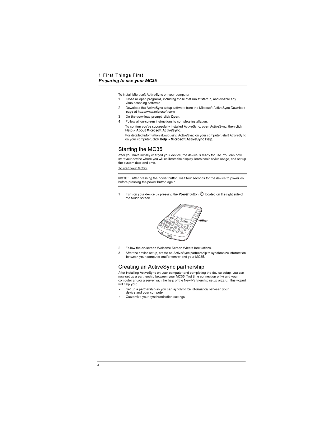 Motorola manual Starting the MC35, Creating an ActiveSync partnership, Help About Microsoft ActiveSync 