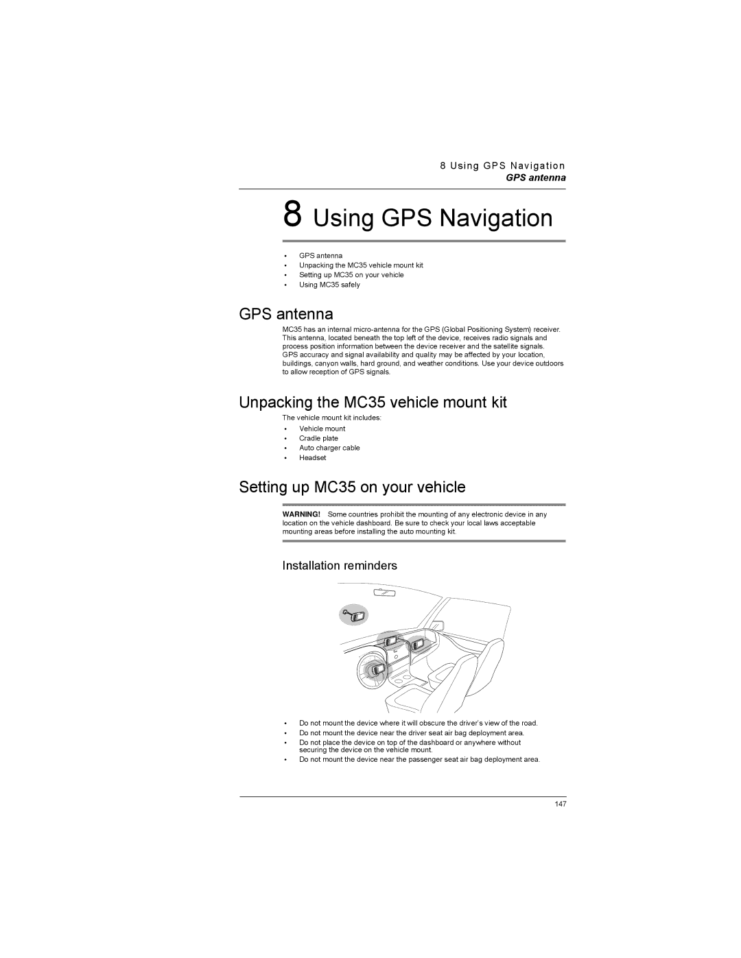 Motorola GPS antenna, Unpacking the MC35 vehicle mount kit, Setting up MC35 on your vehicle, Installation reminders 