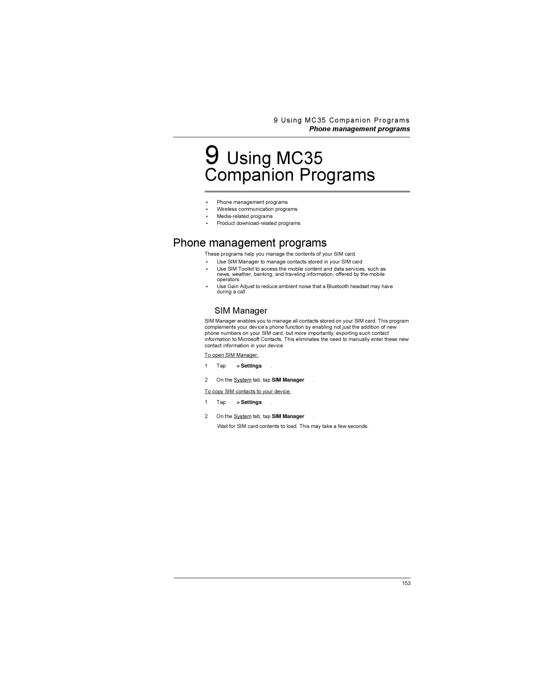 Motorola manual Phone management programs, SIM Manager, Using MC35 Companion Programs 