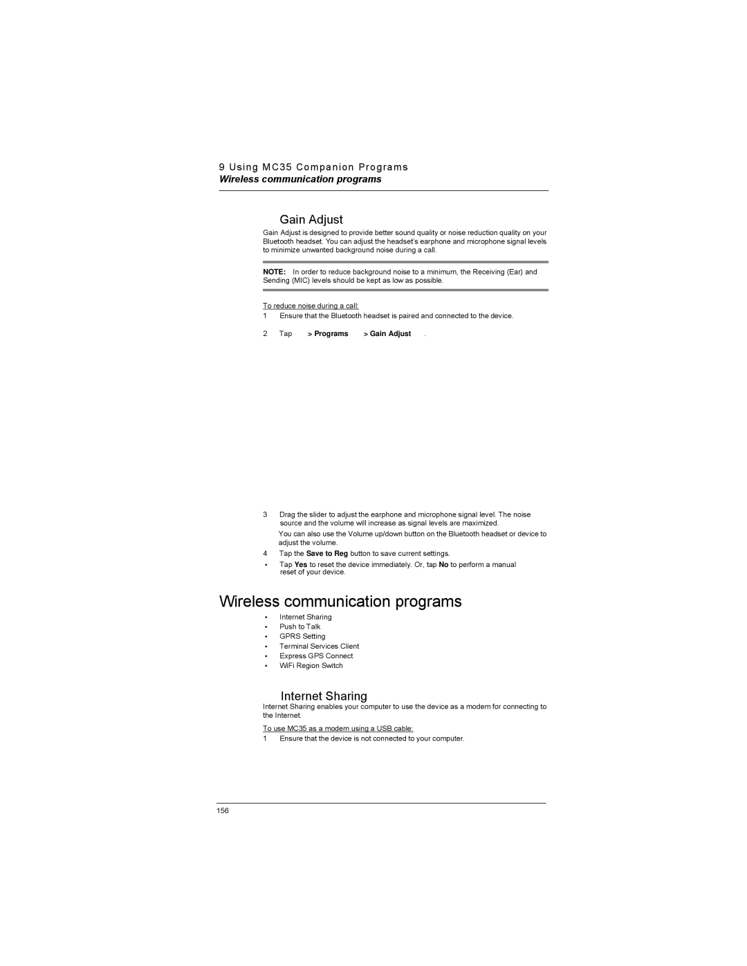 Motorola MC35 manual Wireless communication programs, Internet Sharing, Tap Programs Gain Adjust 