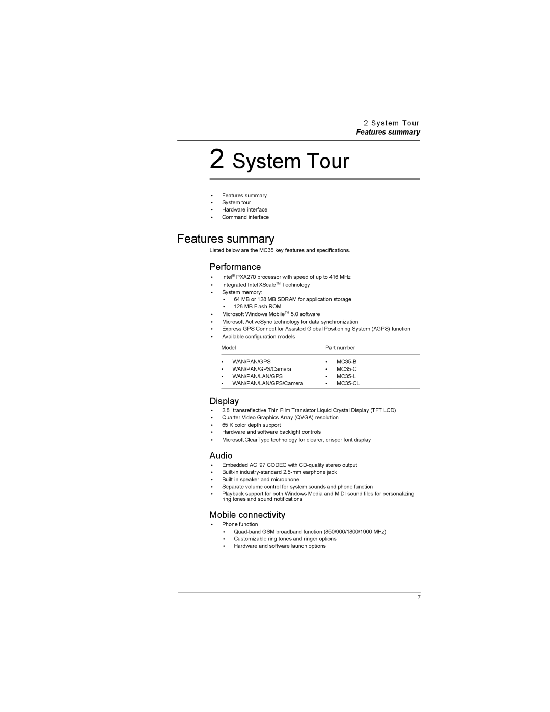 Motorola MC35 manual Features summary, Performance, Display, Audio, Mobile connectivity 