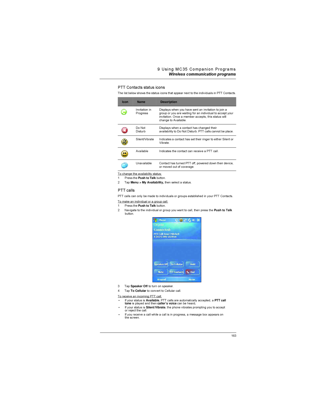 Motorola MC35 manual PTT Contacts status icons, PTT calls 