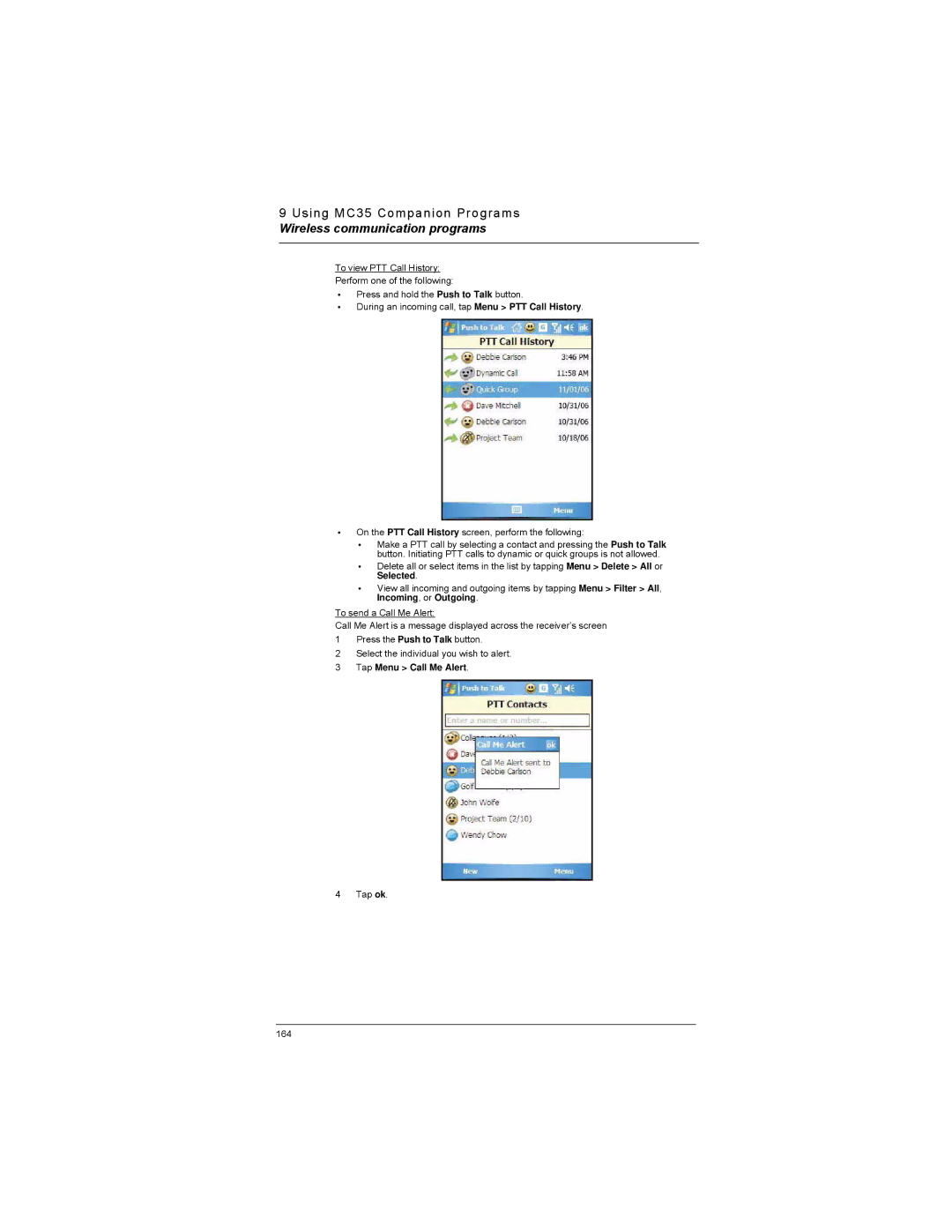 Motorola MC35 manual Selected, Incoming, or Outgoing, Tap Menu Call Me Alert 