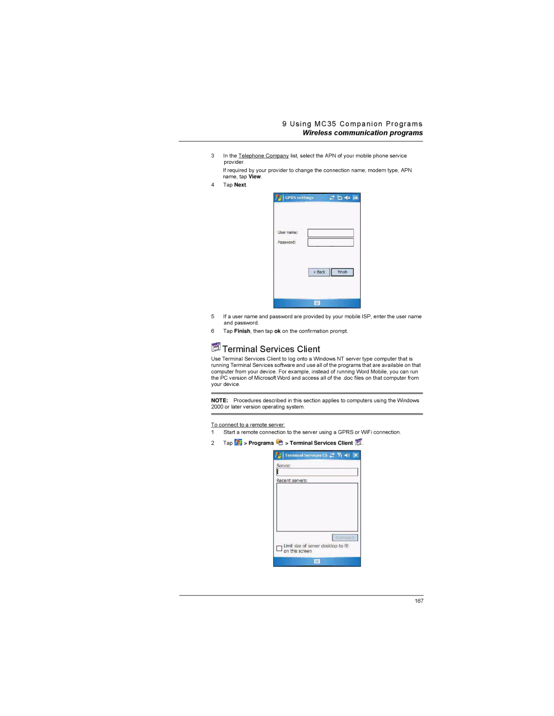 Motorola MC35 manual Tap Programs Terminal Services Client 