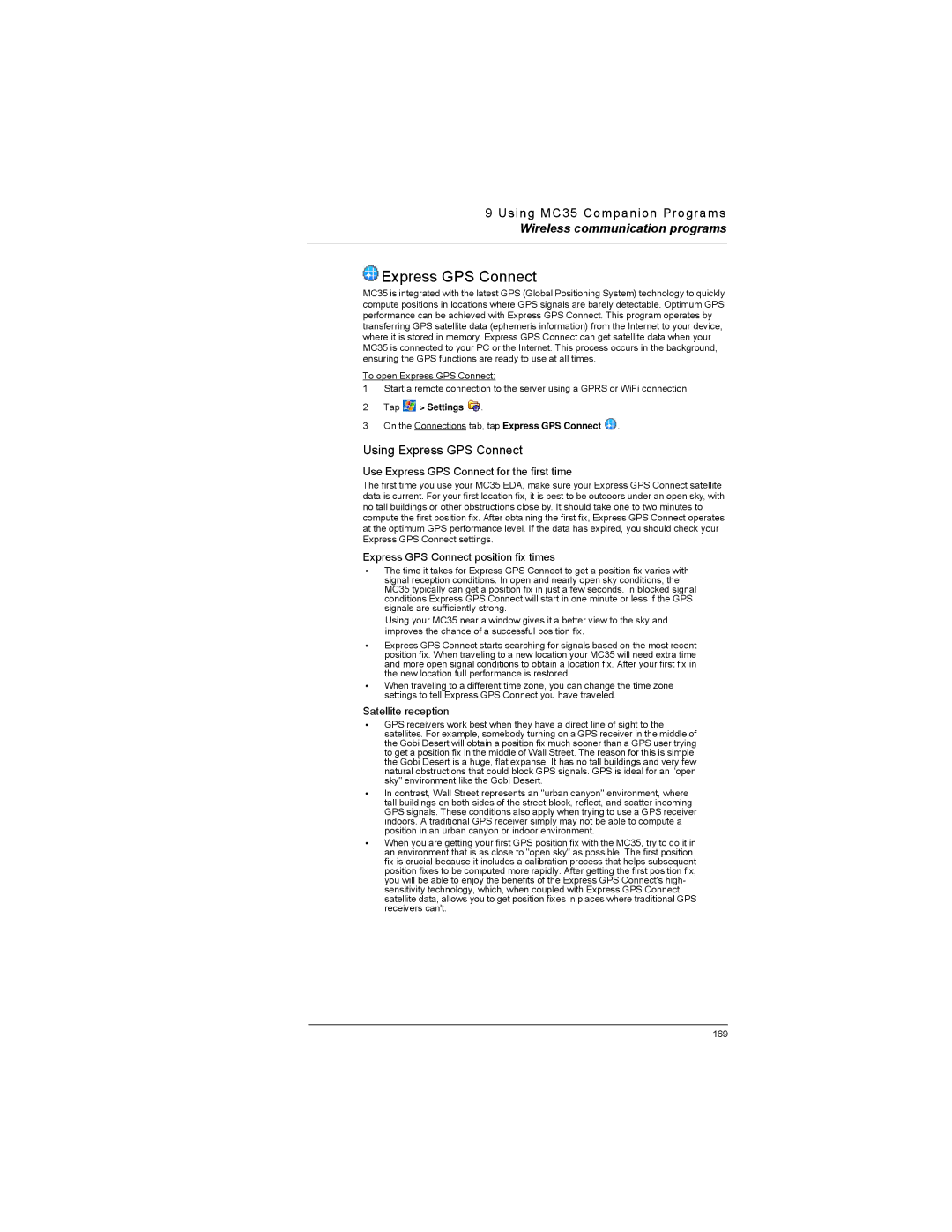 Motorola MC35 manual Using Express GPS Connect, Use Express GPS Connect for the first time, Satellite reception 