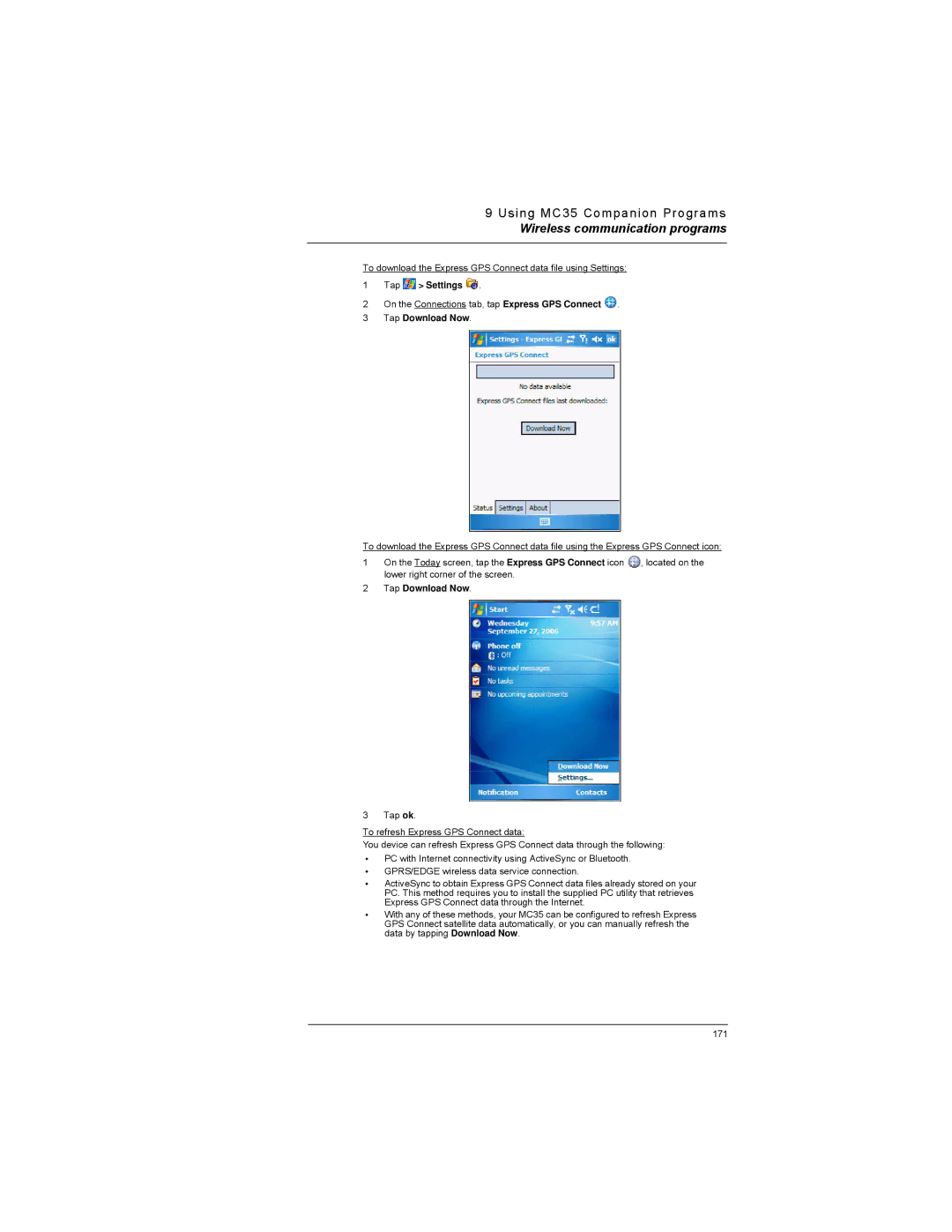 Motorola MC35 manual To download the Express GPS Connect data file using Settings 