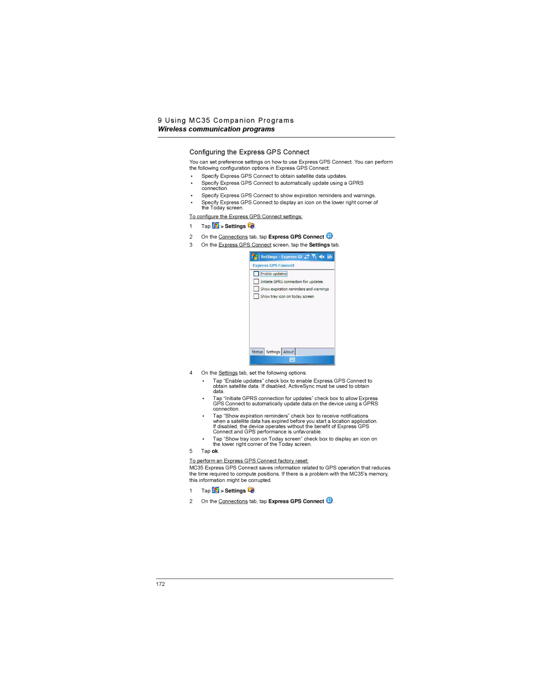 Motorola MC35 manual Configuring the Express GPS Connect, Tap Settings On the Connections tab, tap Express GPS Connect 