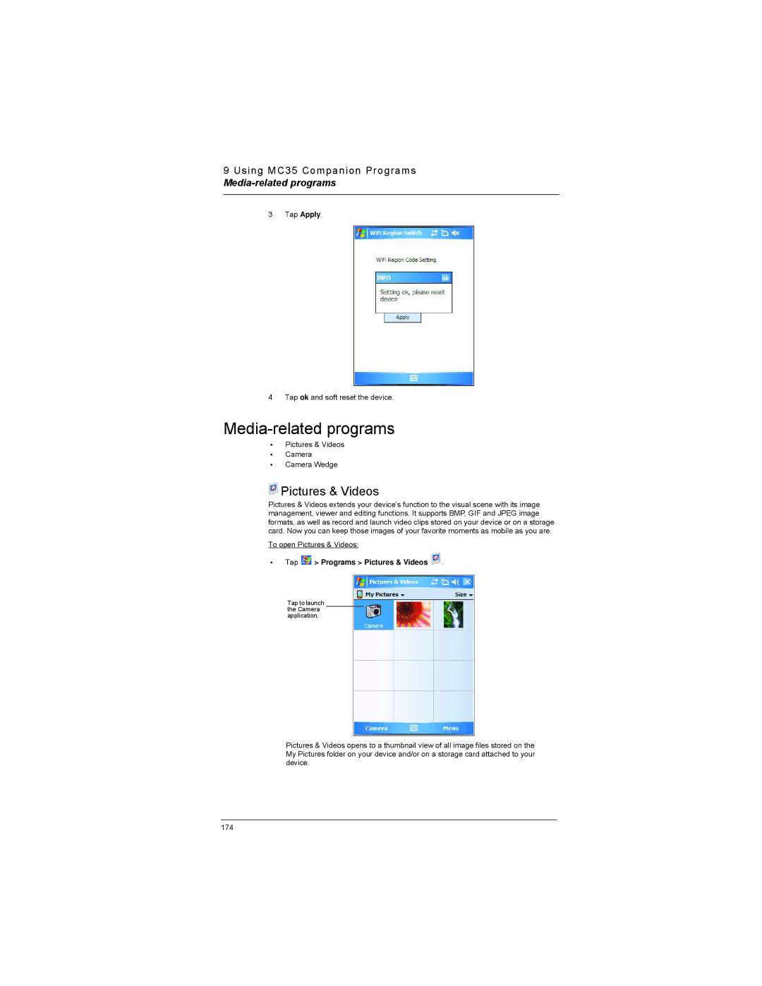 Motorola MC35 manual Media-related programs, Tap Programs Pictures & Videos 