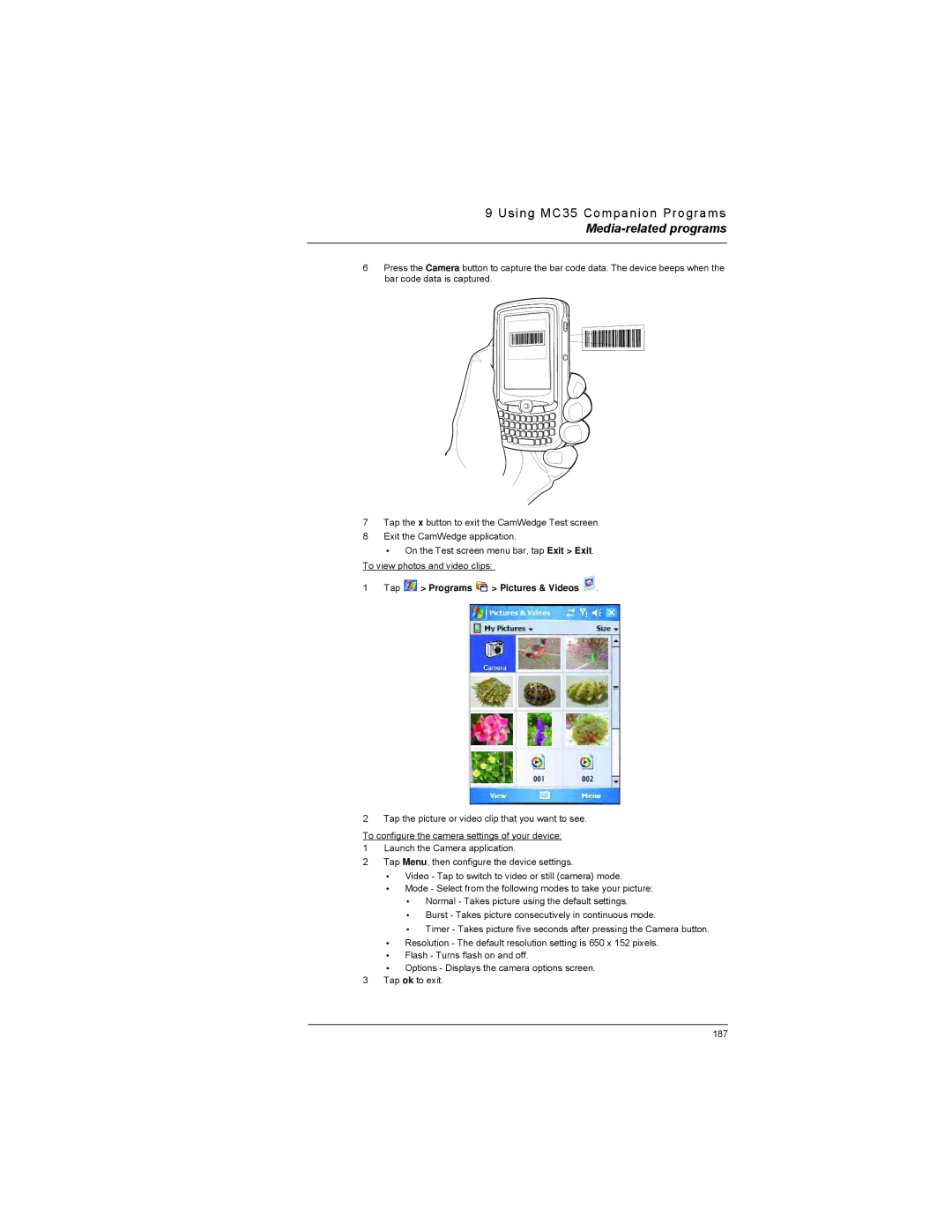 Motorola MC35 manual Tap Programs Pictures & Videos 